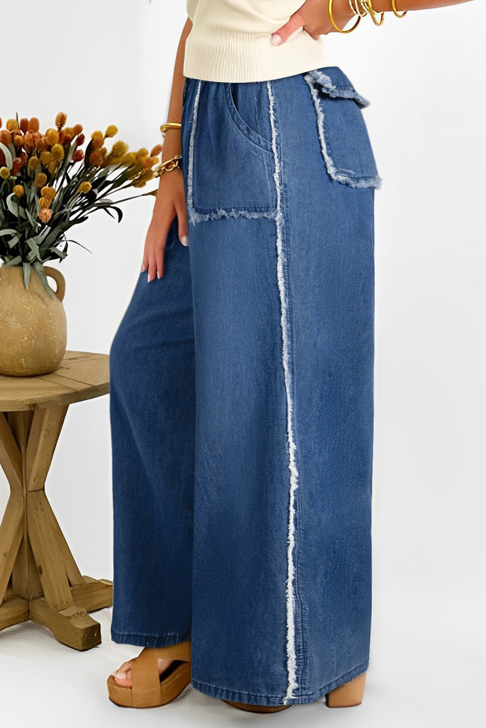 Sail Blue High Waist Pocket Distressed Trim Wide Leg Plus Size Jeans