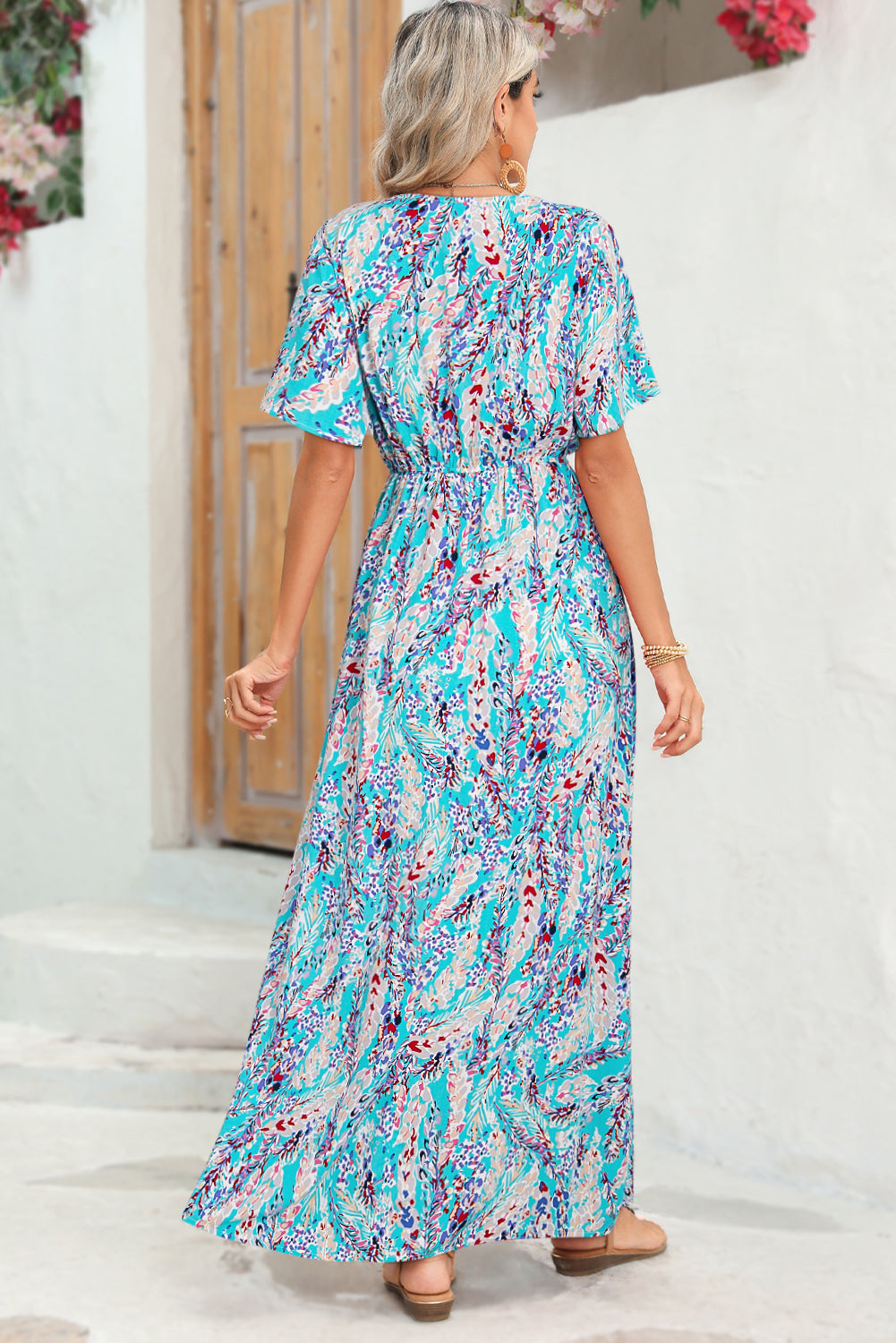 Abstract Print Wrap V Neck Flutter Sleeve Mid Length Dress