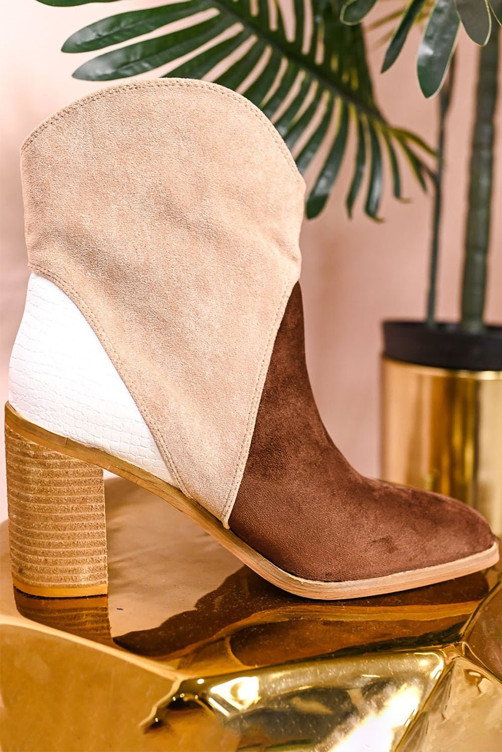 Chestnut Colorblock Suede Heeled Ankle Booties