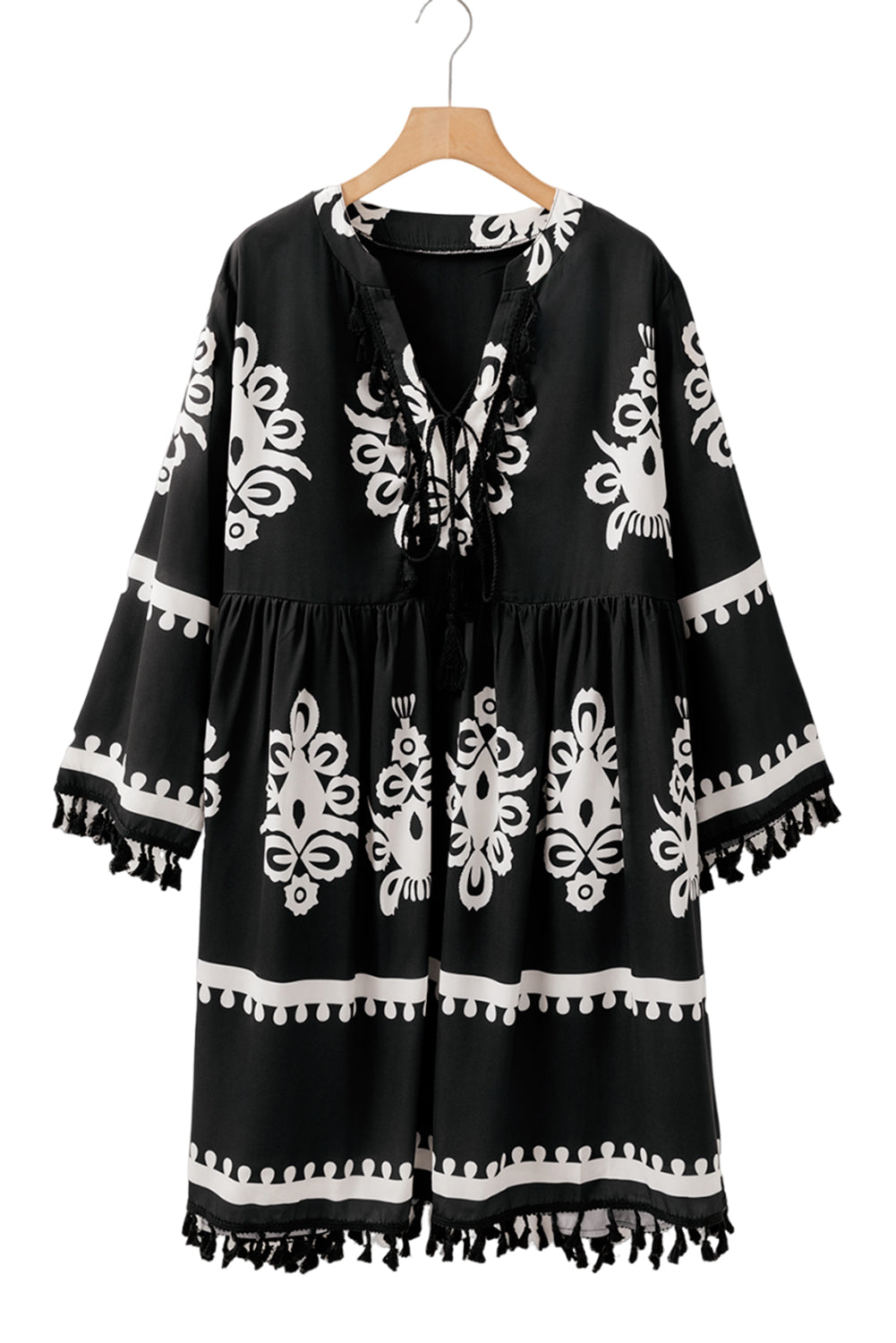 Black Ethnic Print Fringe Hem Plus Size Dress