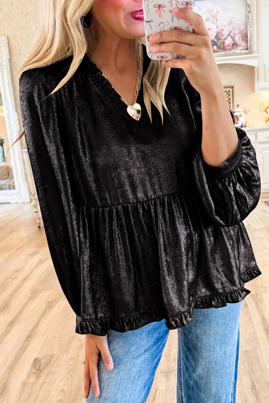 Black Velvet Frill V Neck Puff Sleeve Babydoll Blouse