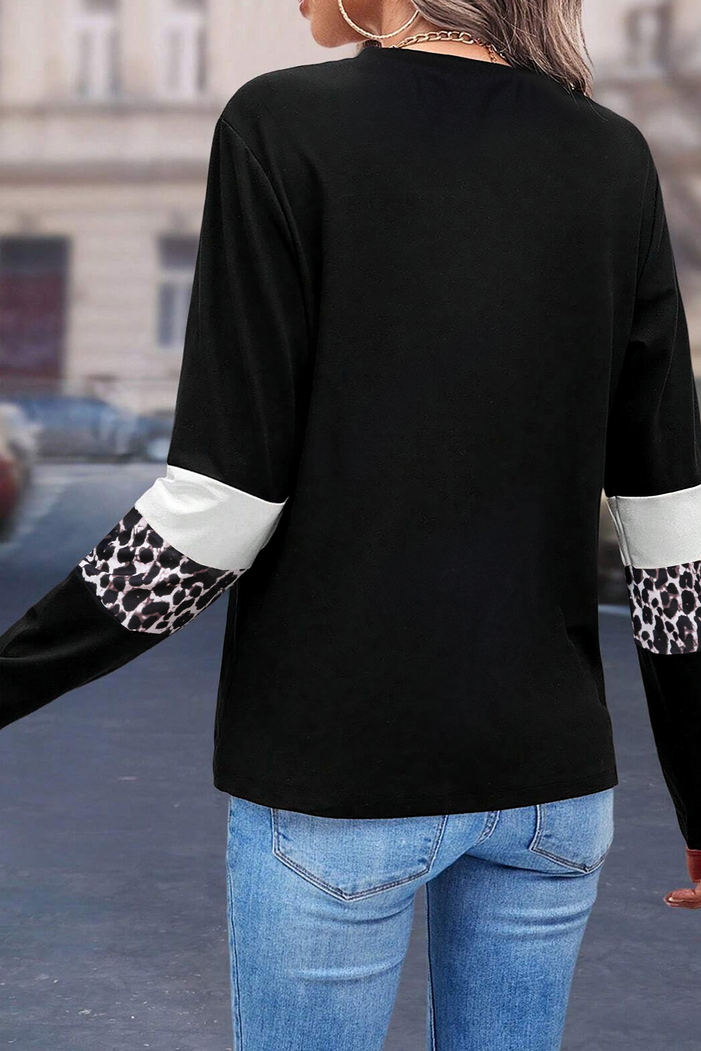 Rose Leopard Colorblock Patchwork Crew Neck Top