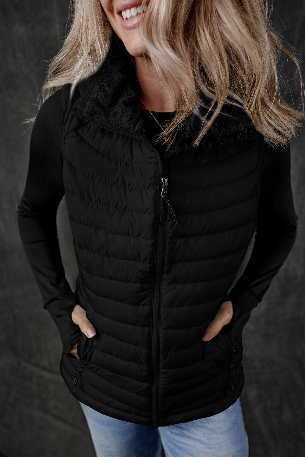 Silvery Plush Collared Quilted Zipped Puffer Vest