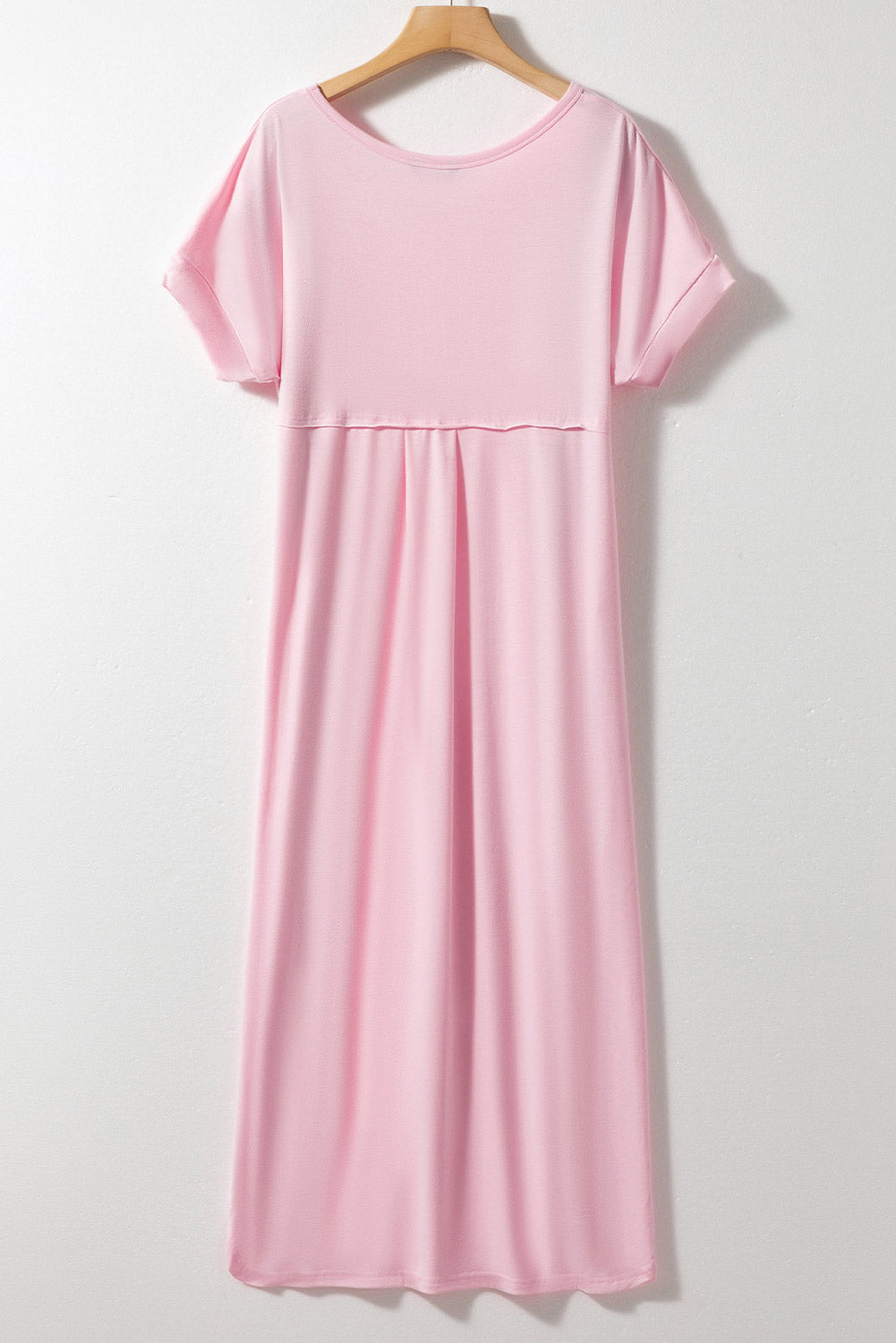 Pink Solid Color Hidden Pocket V Neck Slit Maxi Dress