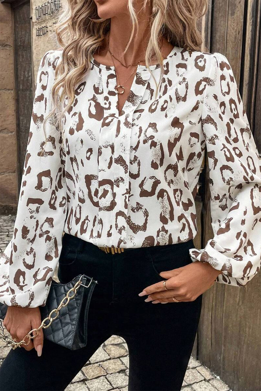 Khaki Leopard Print Split Neck Balloon Sleeve Blouse