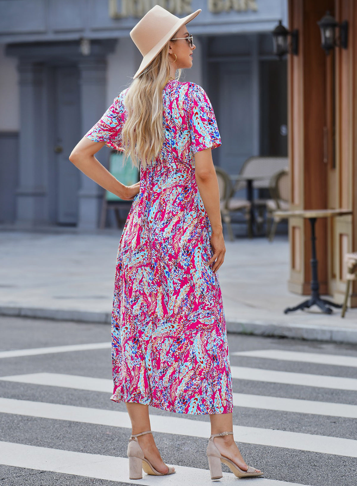 Abstract Print Wrap V Neck Flutter Sleeve Mid Length Dress