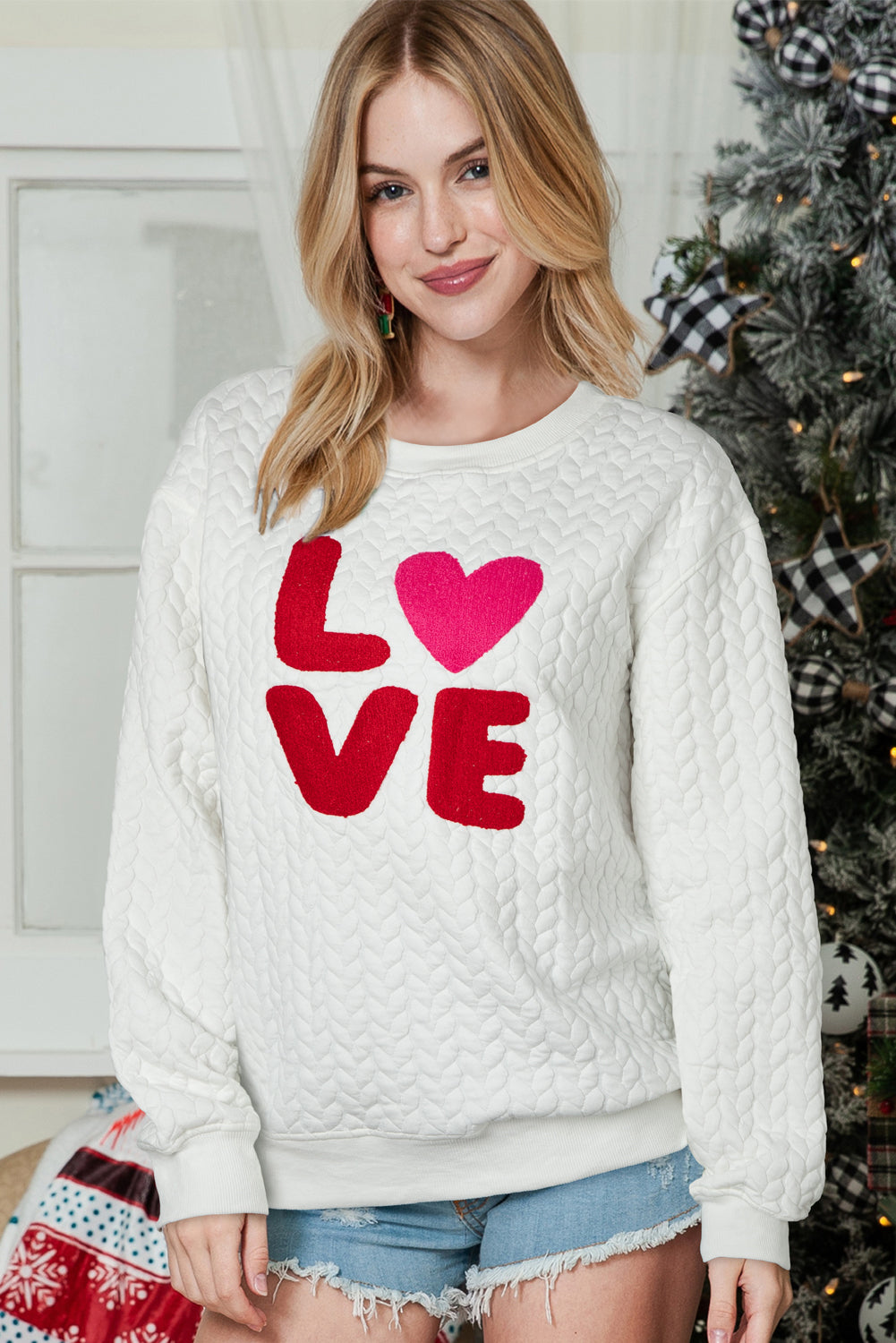 White Merry and Bright Quilted Sweatshirt