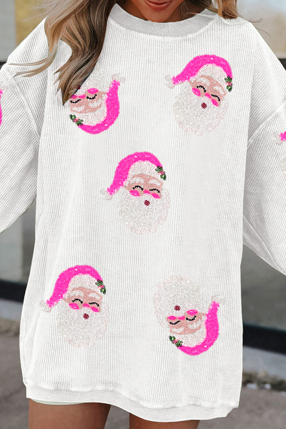 White Sequin Santa Claus Ribbed Oversized Graphic Sweatshirt