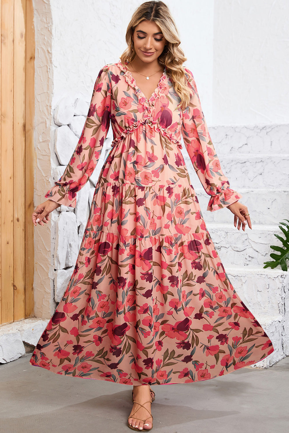 Pastel Red Floral Print Ruffle Trim Plunge Neckline Maxi Dress