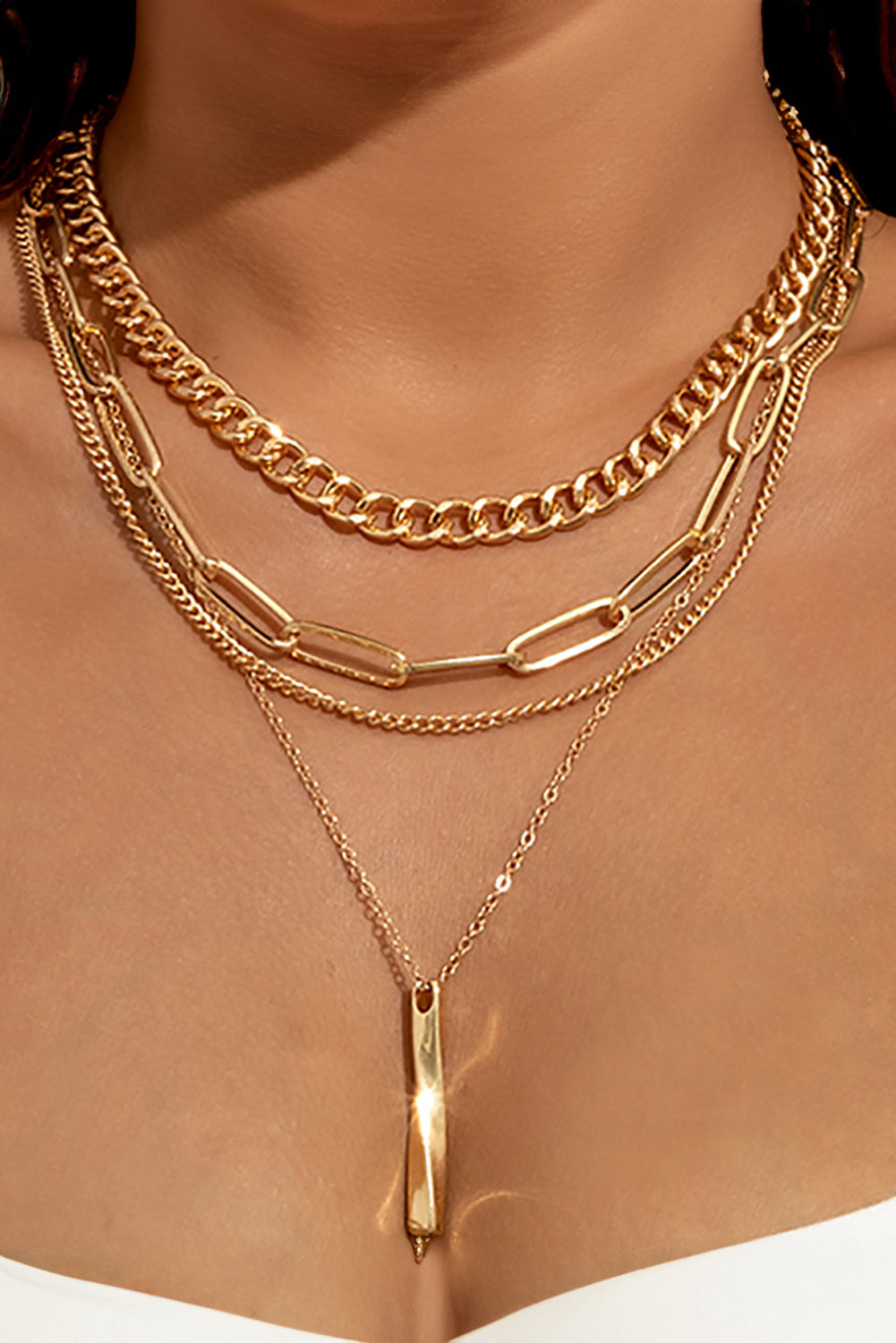 Gold Multi Layered Bar Pendant Minimalist Link Chain Necklace