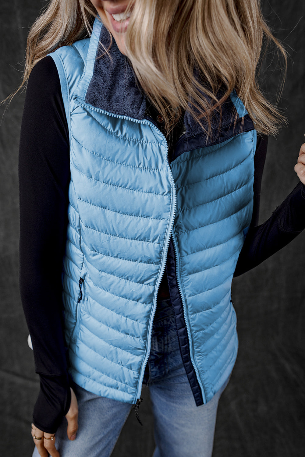 Silvery Plush Collared Quilted Zipped Puffer Vest