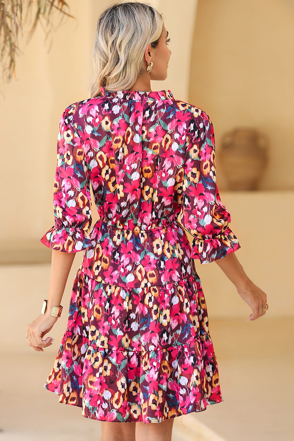 Rose Red Floral Print Drawstring Waist V Neck Mini Dress