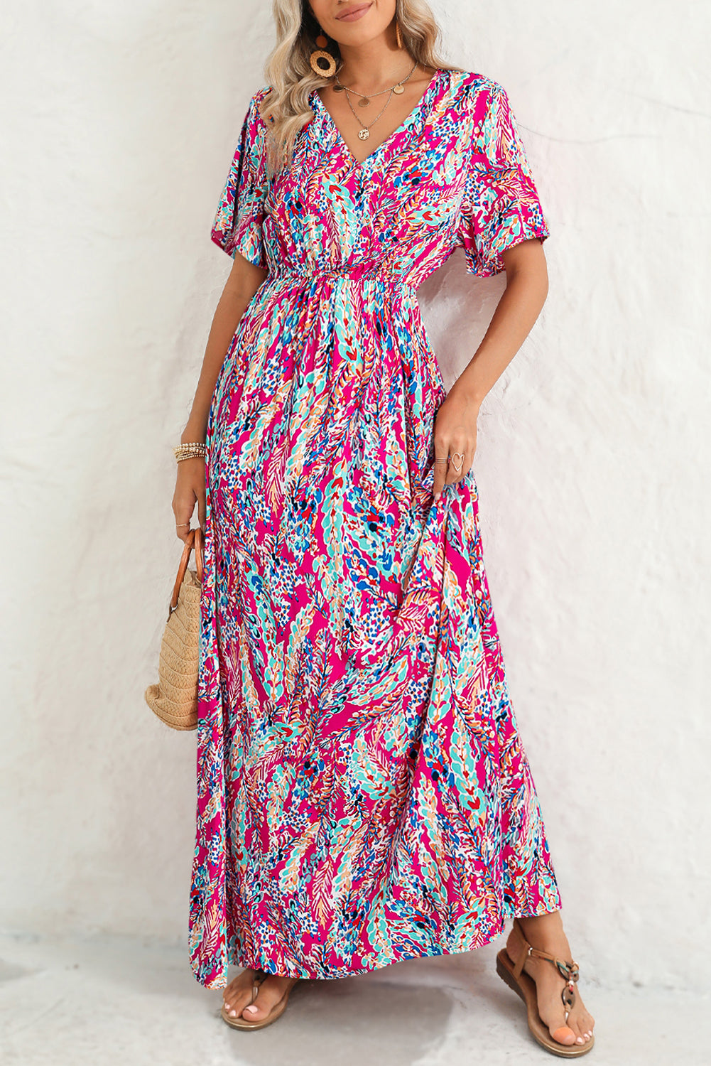 Abstract Print Wrap V Neck Flutter Sleeve Mid Length Dress