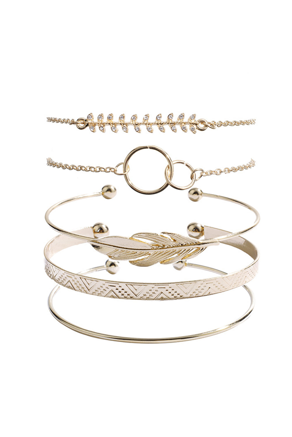 Gold 5Pcs Bohemian Leaf Adjustable Plated Bracelet Set