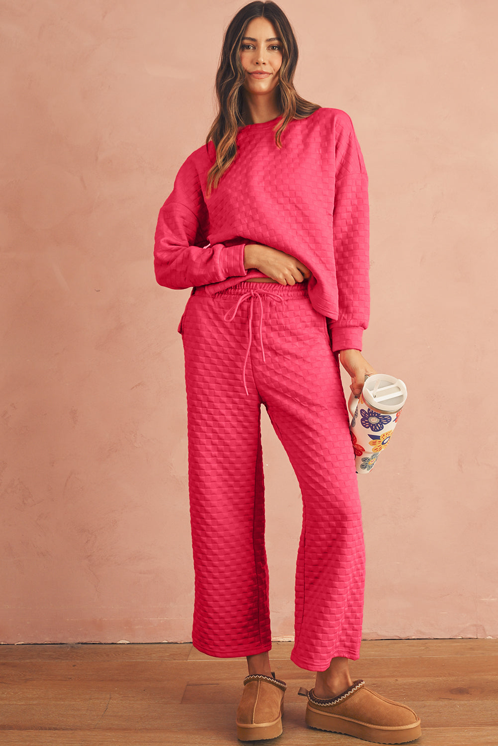 Strawberry Pink Checkered Textured Split Pullover Top and Pants Set