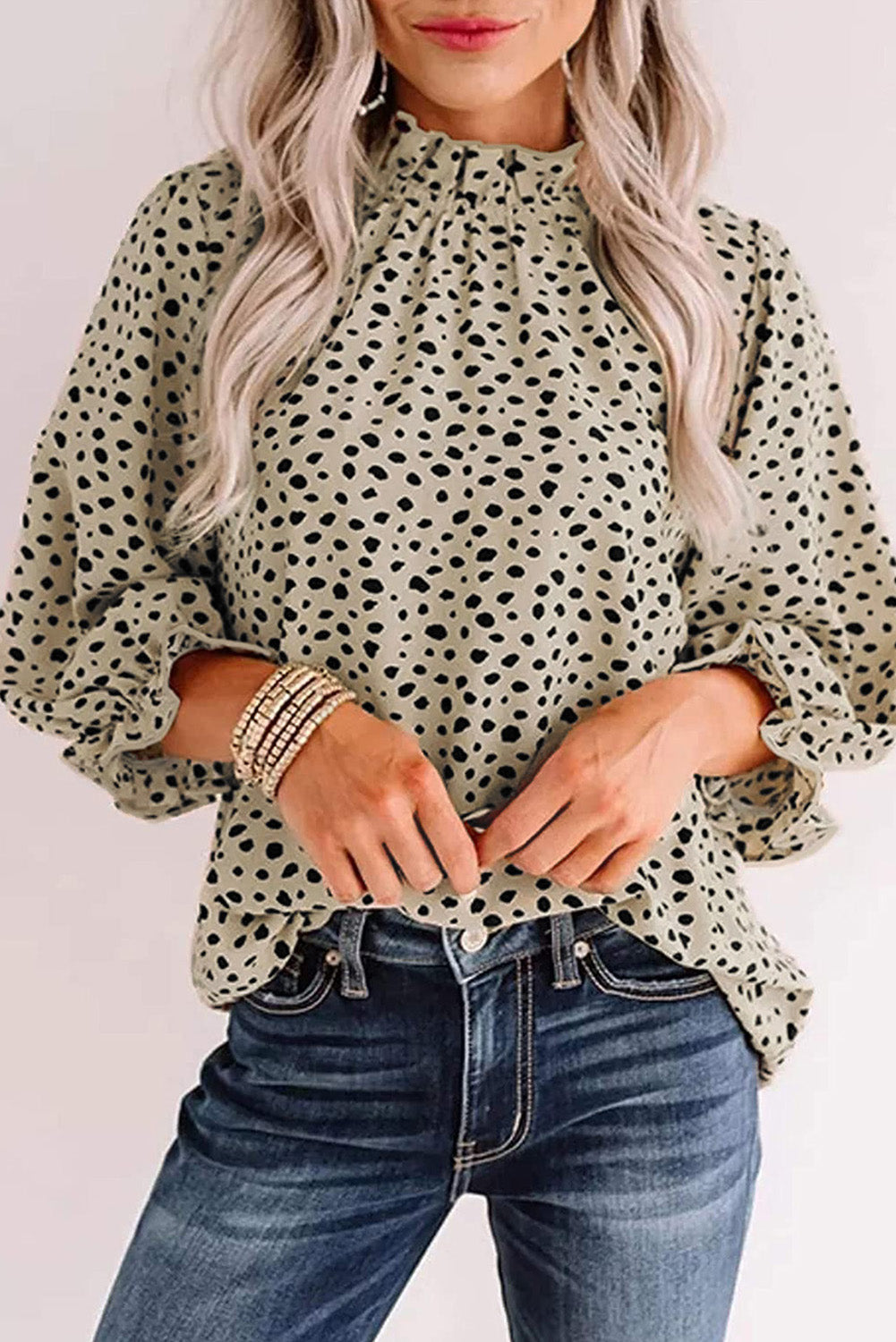 Khaki Leopard 3/4 Ruffle Sleeve Frill Neck Blouse