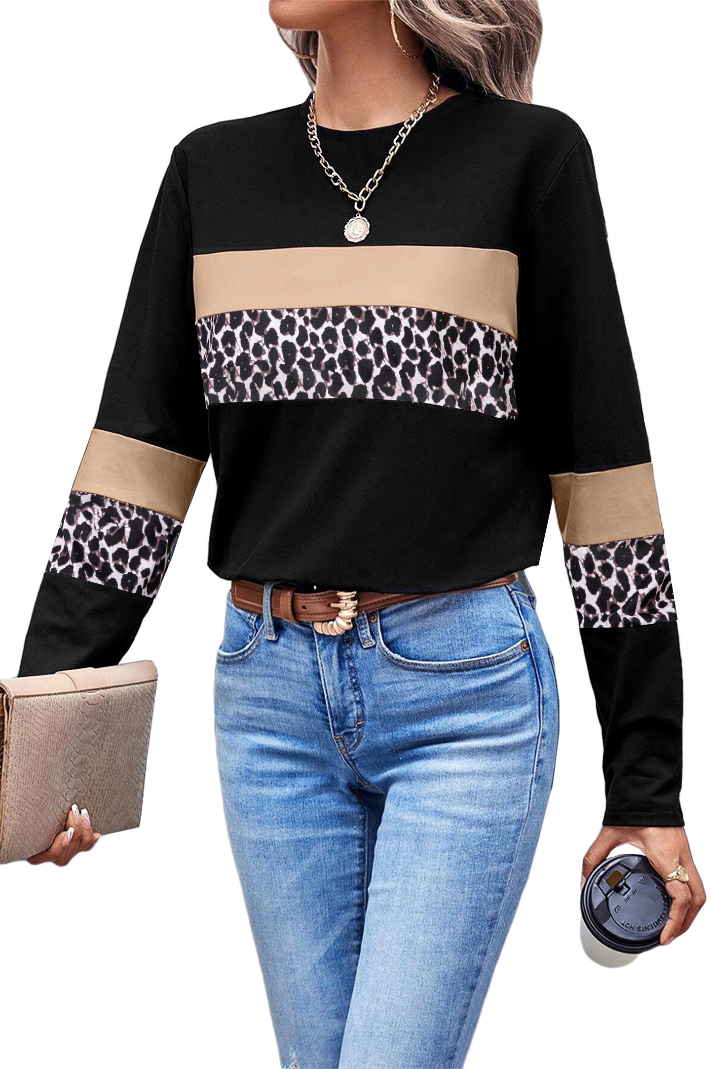 Rose Leopard Colorblock Patchwork Crew Neck Top