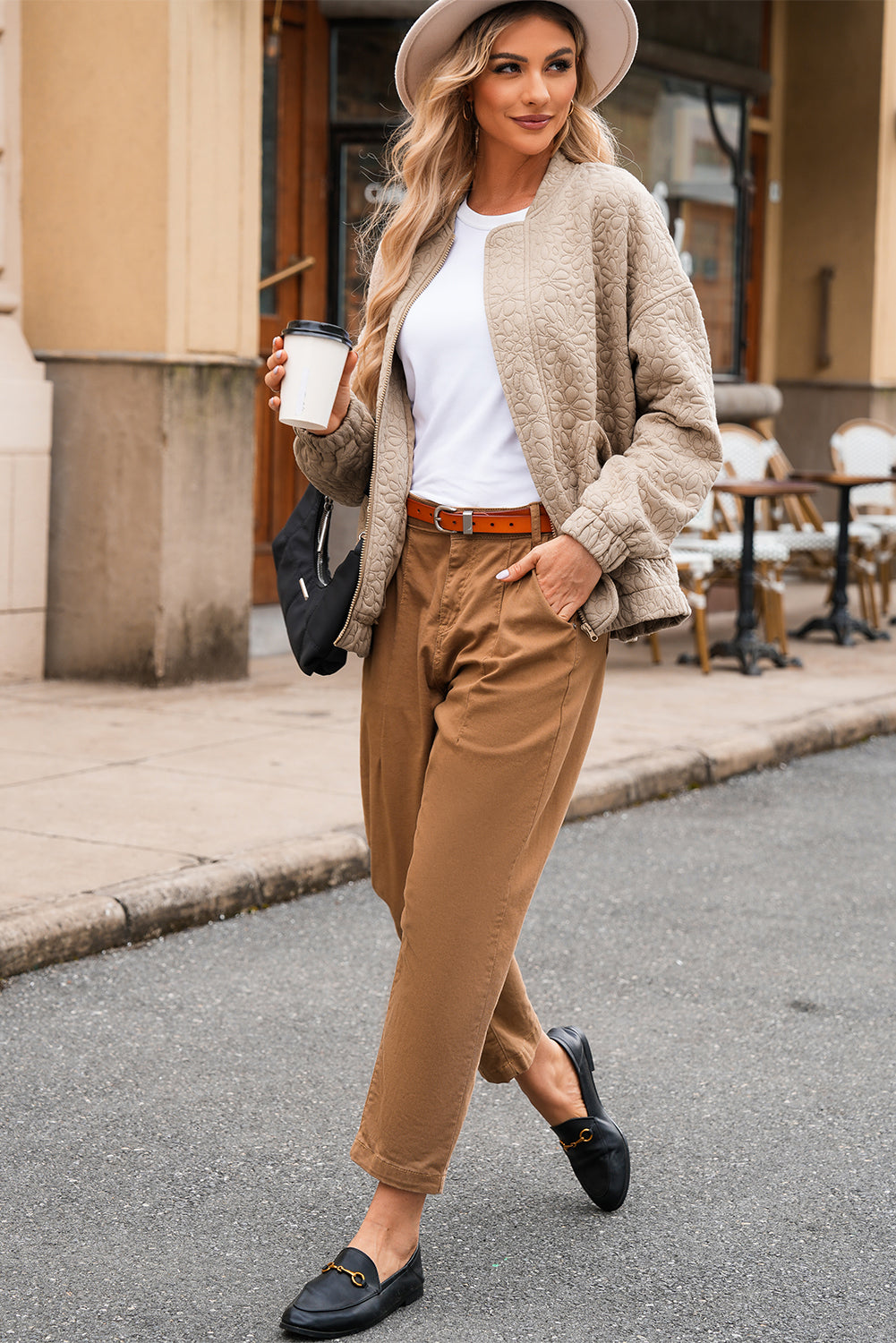 Light French Beige Plain Floral Embossed Zip Up Jacket