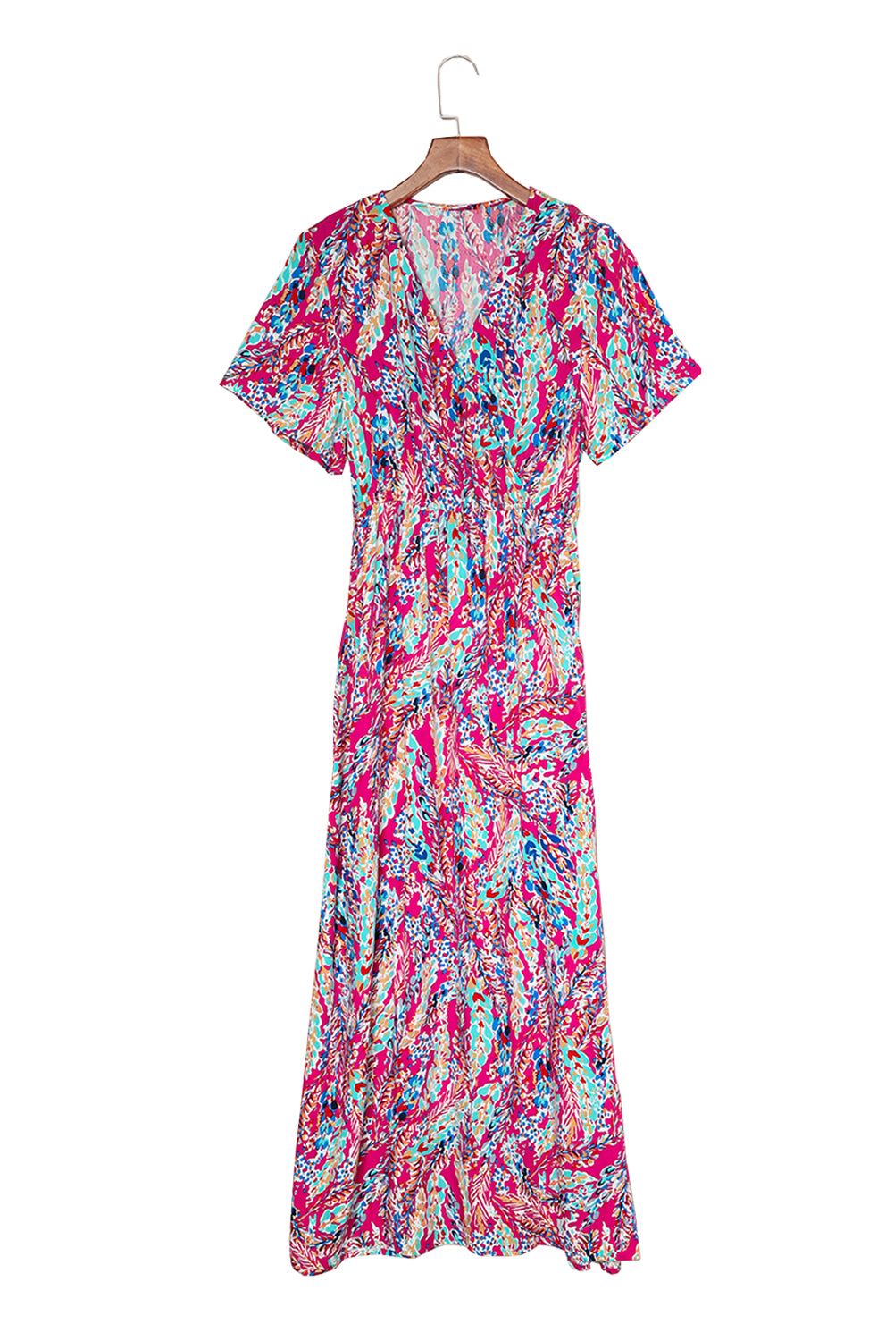 Abstract Print Wrap V Neck Flutter Sleeve Mid Length Dress