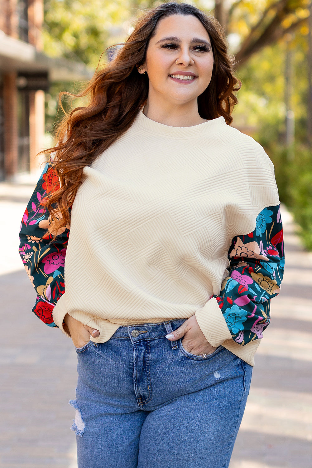 White Floral Patchwork Sleeve Textured Plus Size Pullover Top