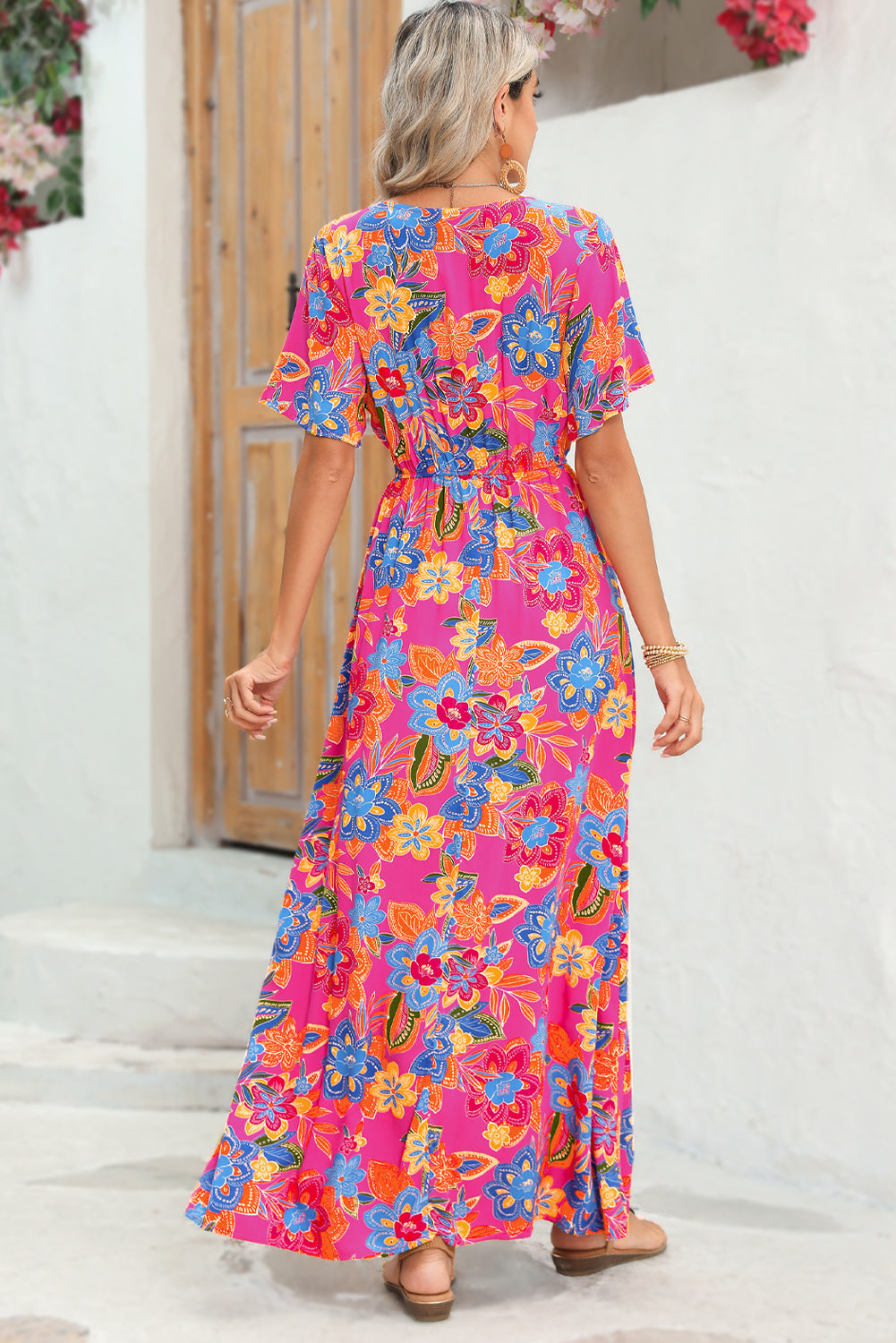 Abstract Print Wrap V Neck Flutter Sleeve Mid Length Dress