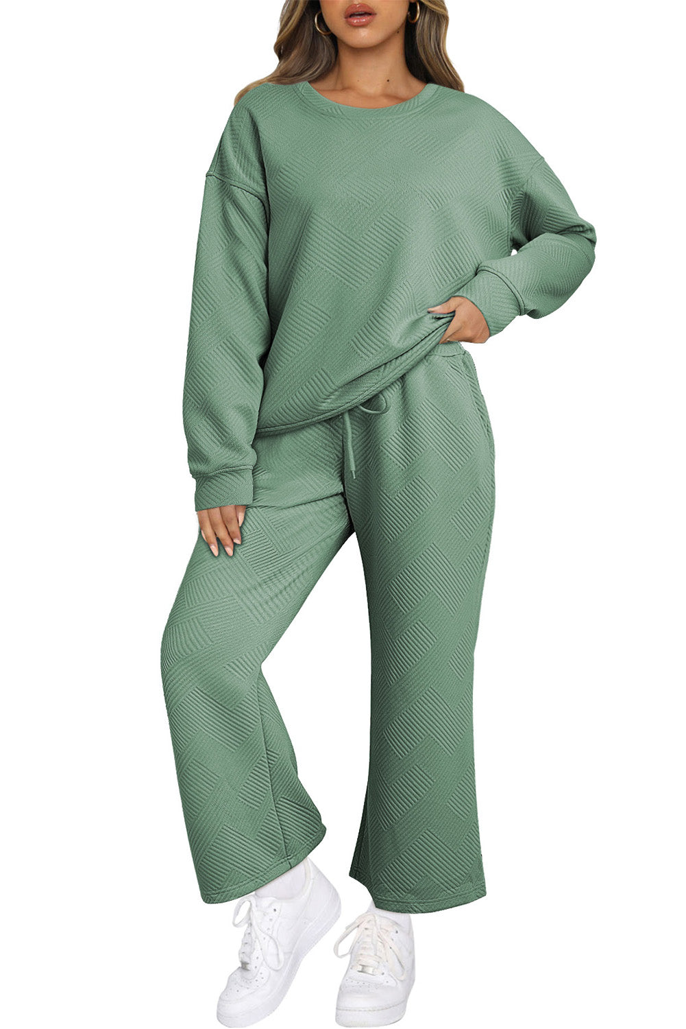 Grass Green Textured Loose Slouchy Long Sleeve Top and Pants Set