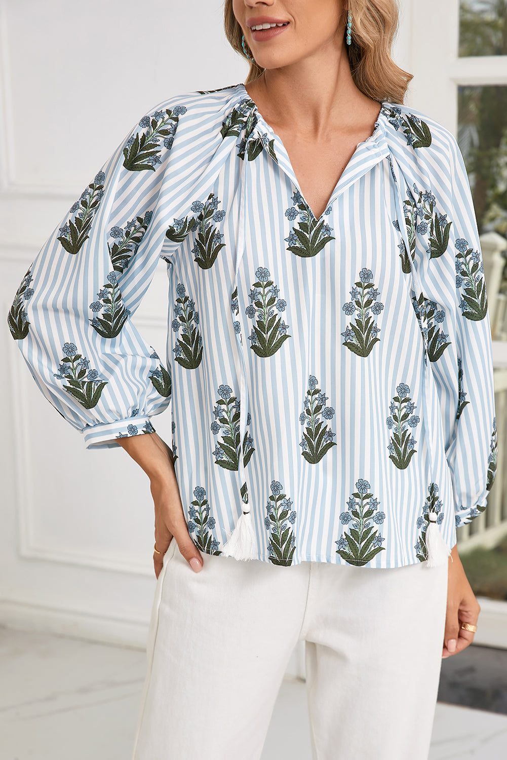 Beau Blue Floral Striped Tie V Neck Long Sleeve Blouse