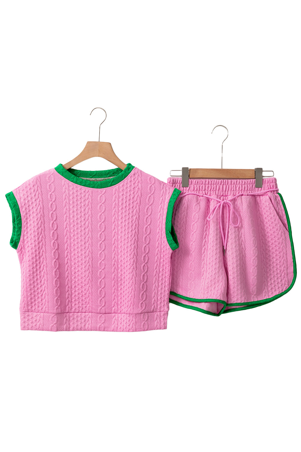 Pink Textured Contrast Trim Tee & Drawstring Shorts Set