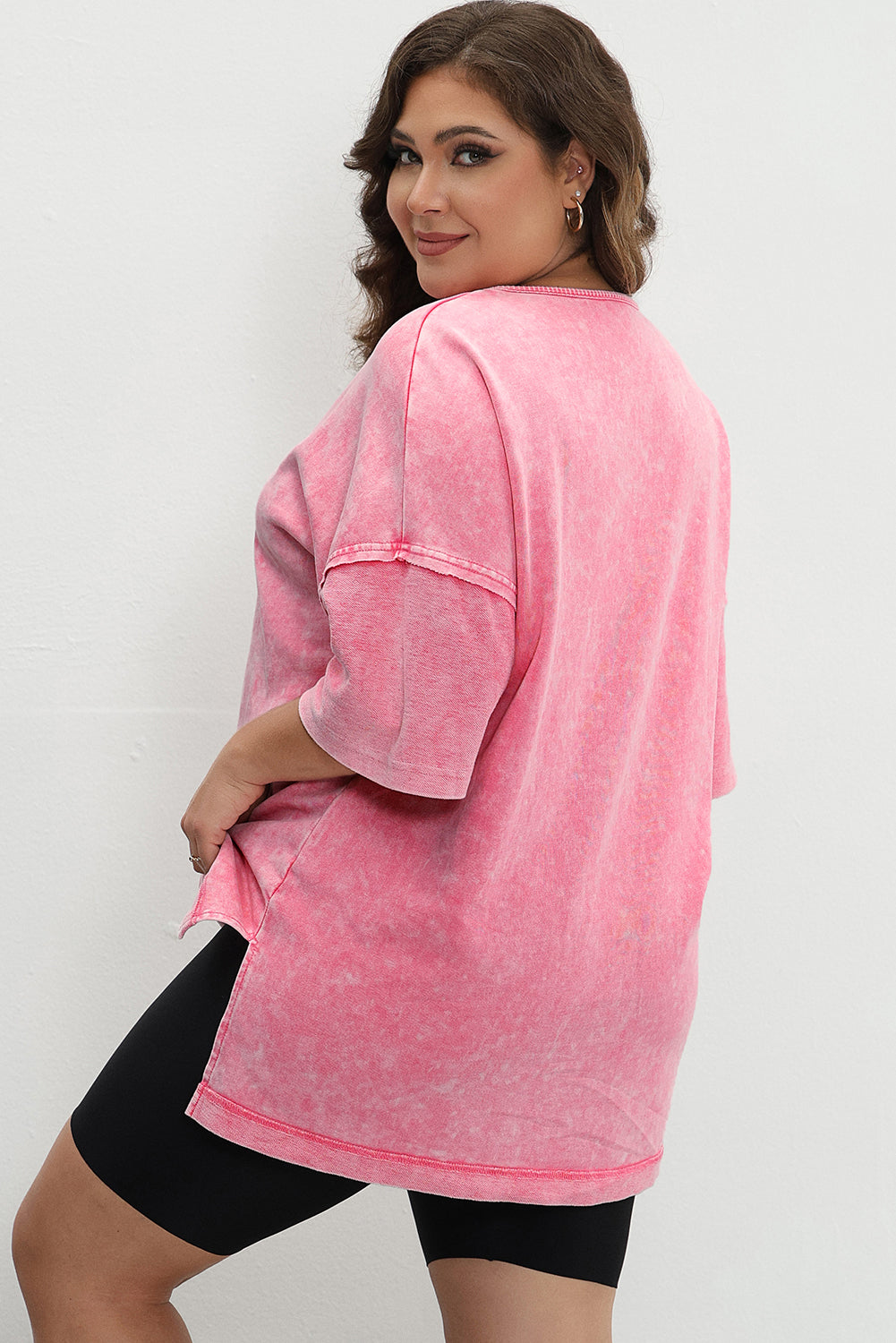 Strawberry Pink Mineral Wash Drop Sleeve Patchwork Plus Size Tee