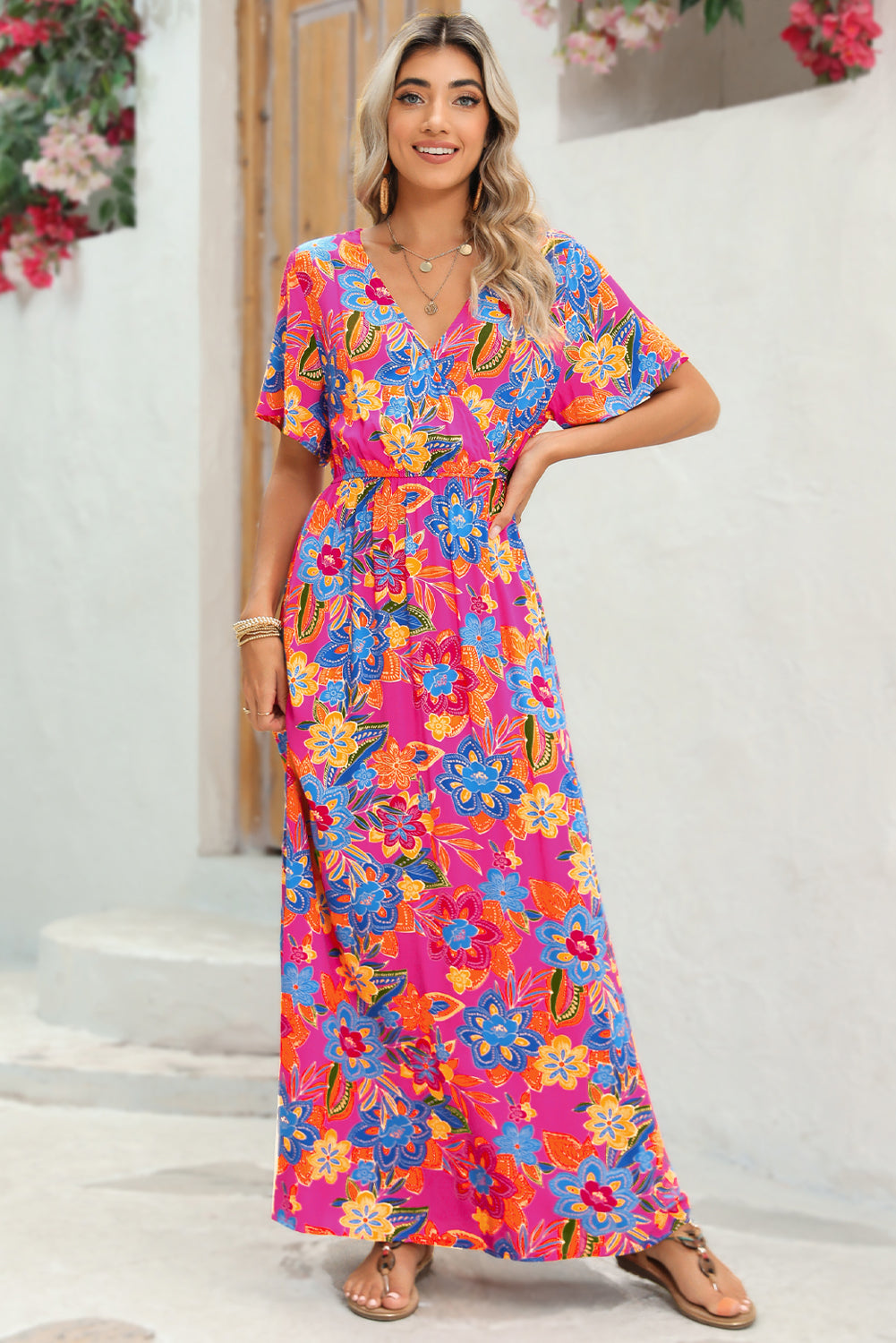 Abstract Print Wrap V Neck Flutter Sleeve Mid Length Dress