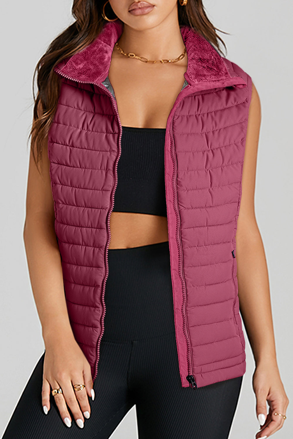 Silvery Plush Collared Quilted Zipped Puffer Vest