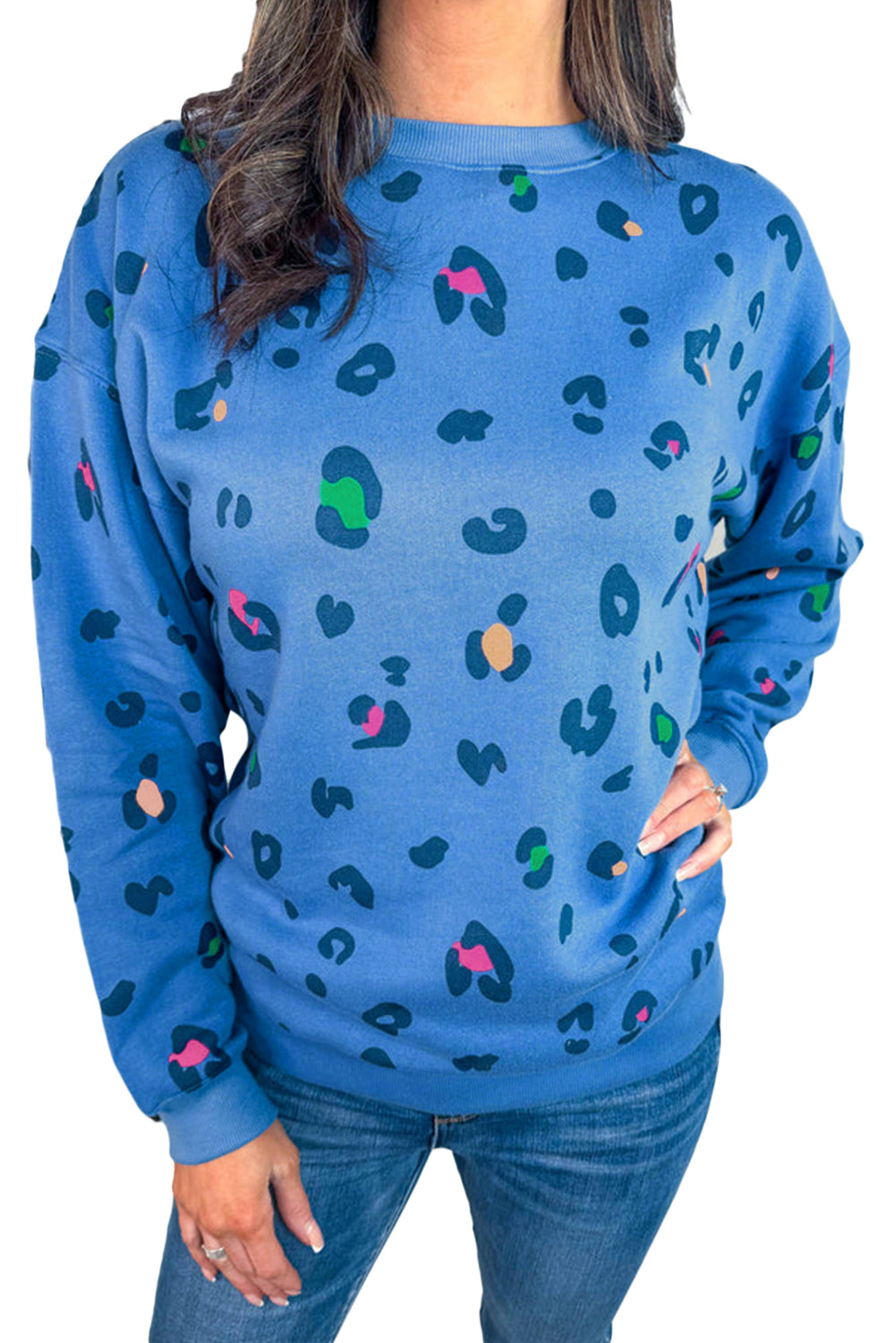 Sky Blue Leopard Drop Shoulder Plus Size Sweatshirt