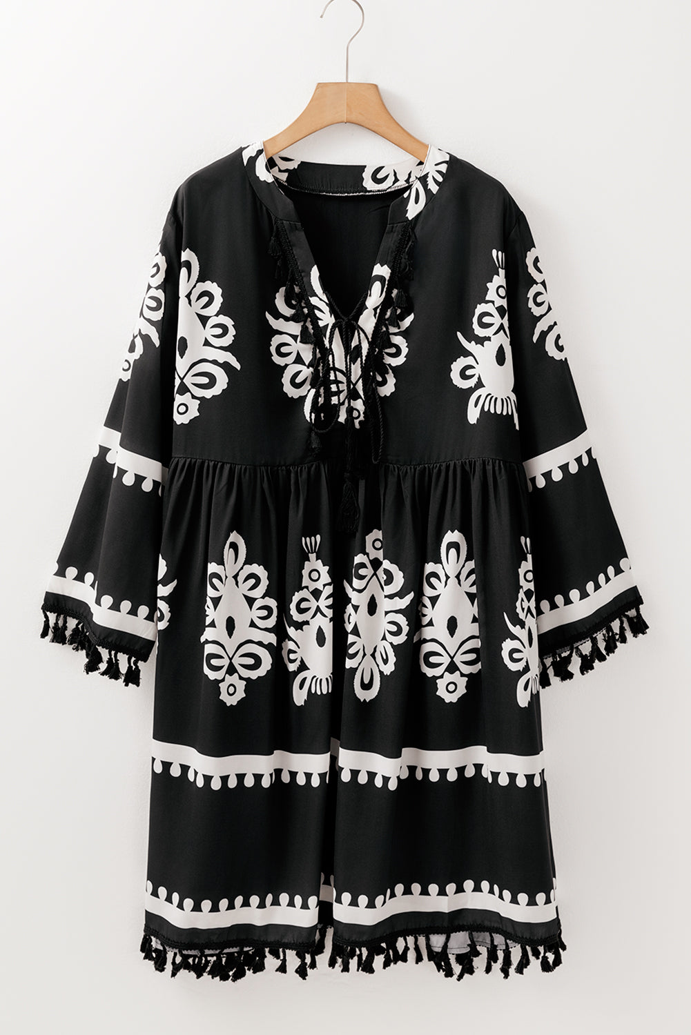 Black Ethnic Print Fringe Hem Plus Size Dress