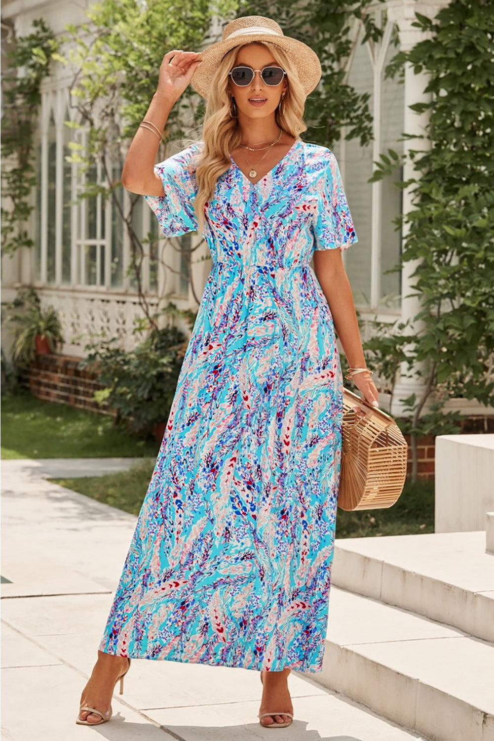 Abstract Print Wrap V Neck Flutter Sleeve Mid Length Dress