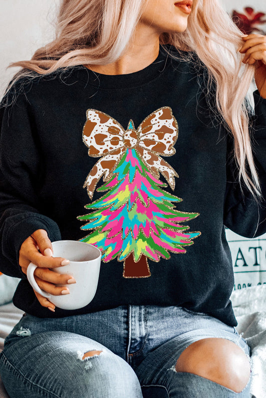 Black Shiny Bowknot Christmas Tree Graphic Round Neck Sweatshirt