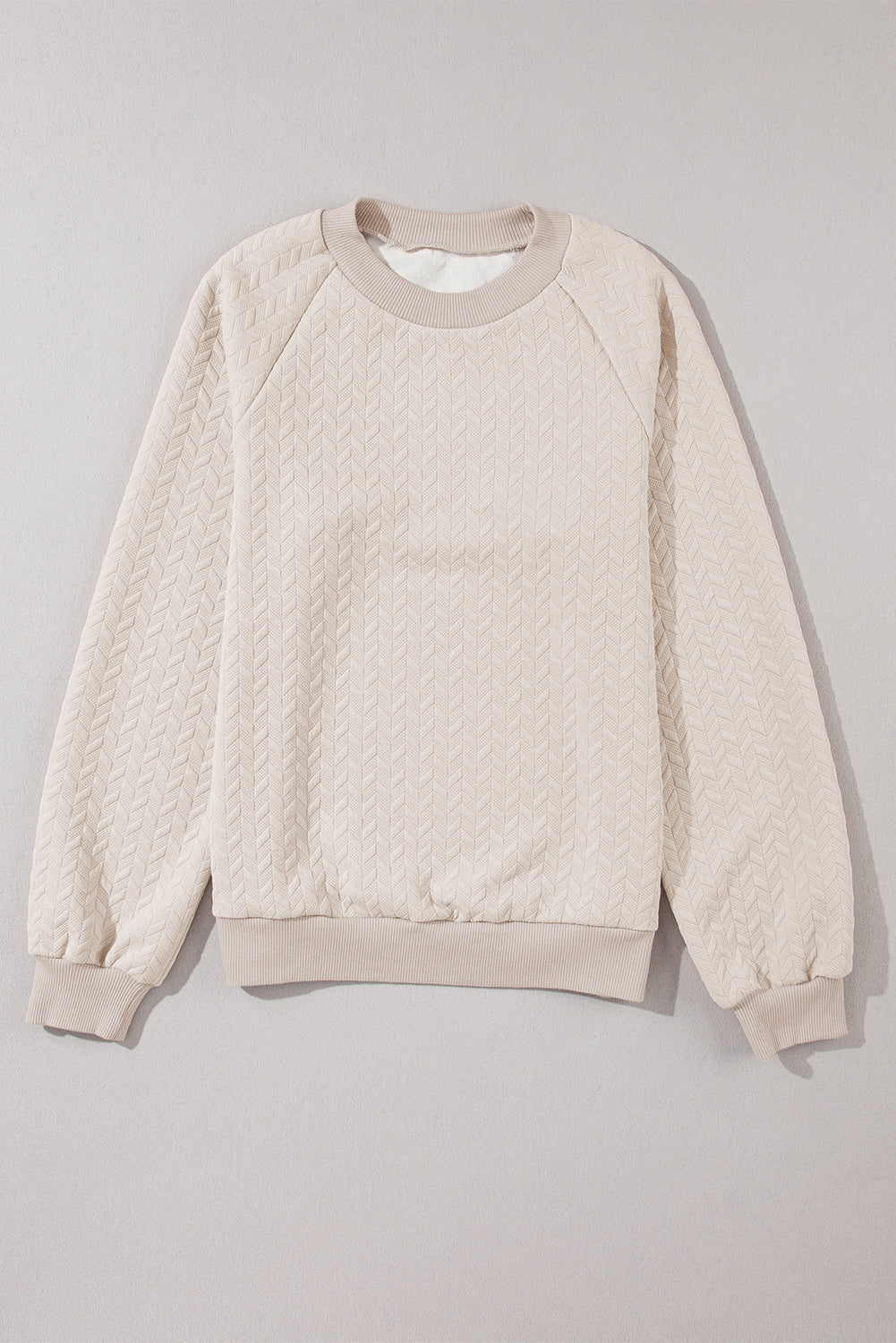 Beige Solid Color Textured Raglan Sleeve Pullover Sweatshirt