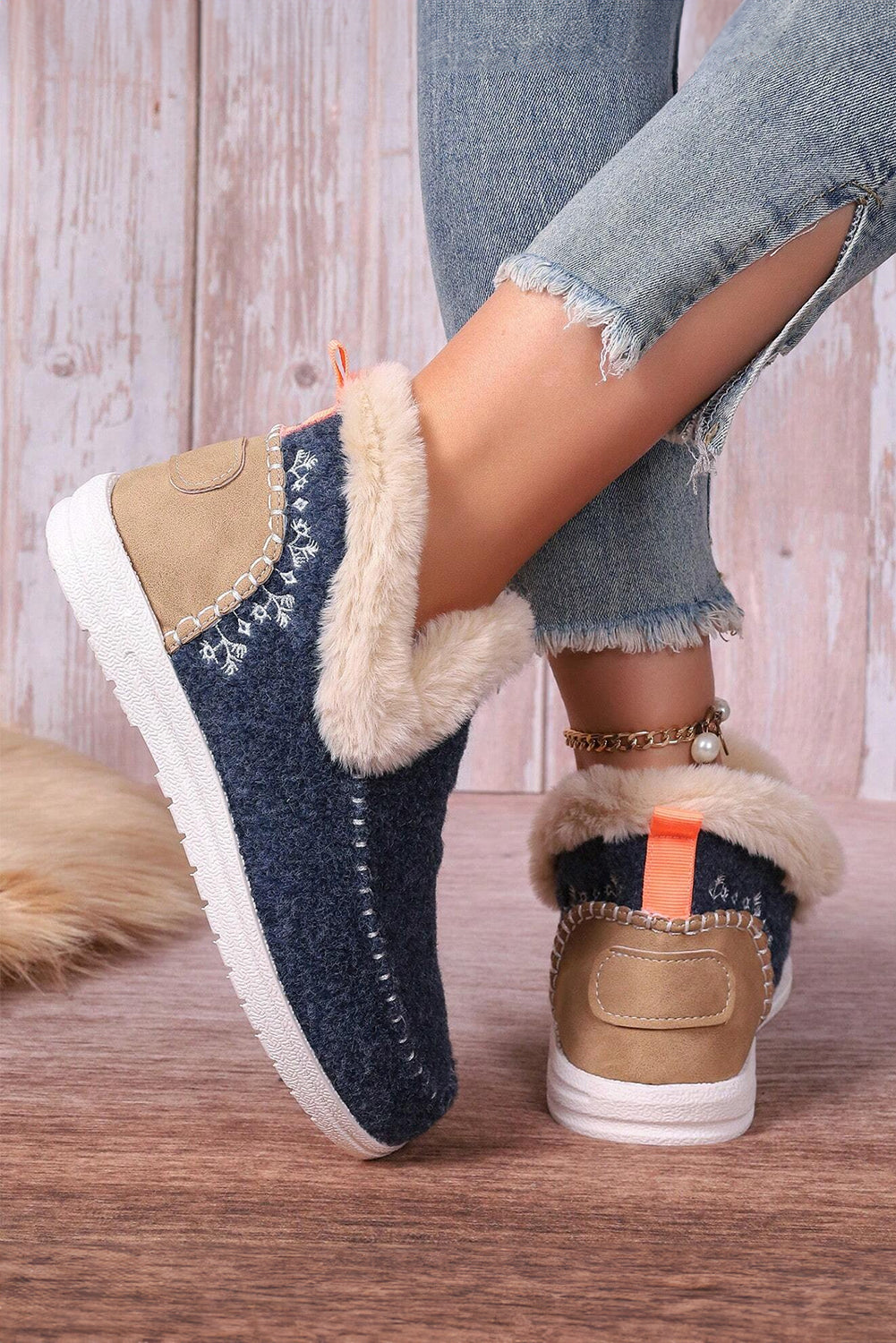 Coffee Suede Stitching Patchwork Plush Lined Anklet Boots