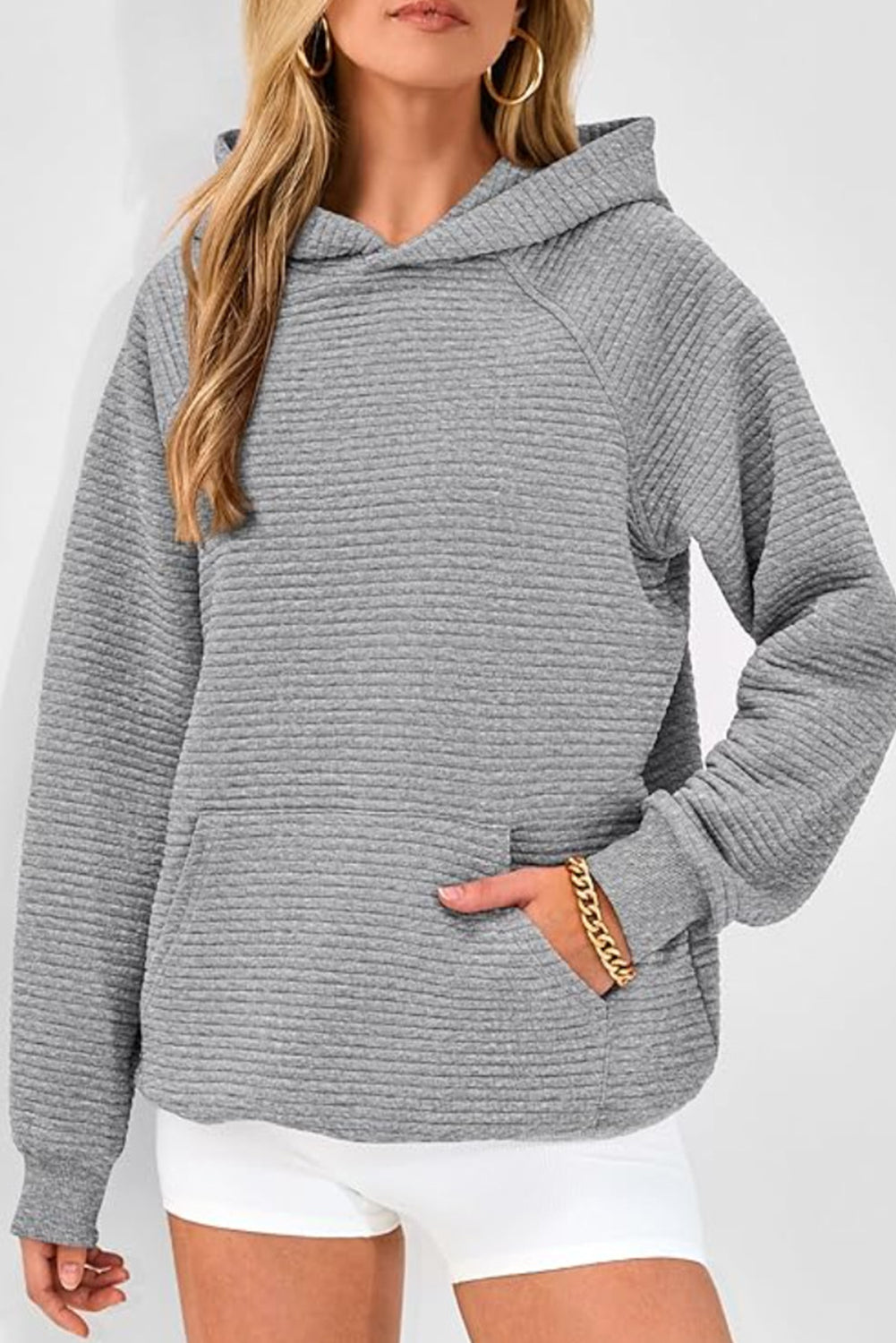 Rose Red Kangaroo Pocket Plain Textured Hoodie