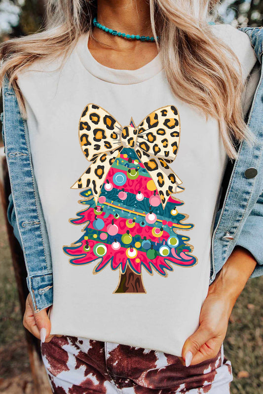 White Leopard Bow Decor Christmas Tree Graphic Crewneck Tee