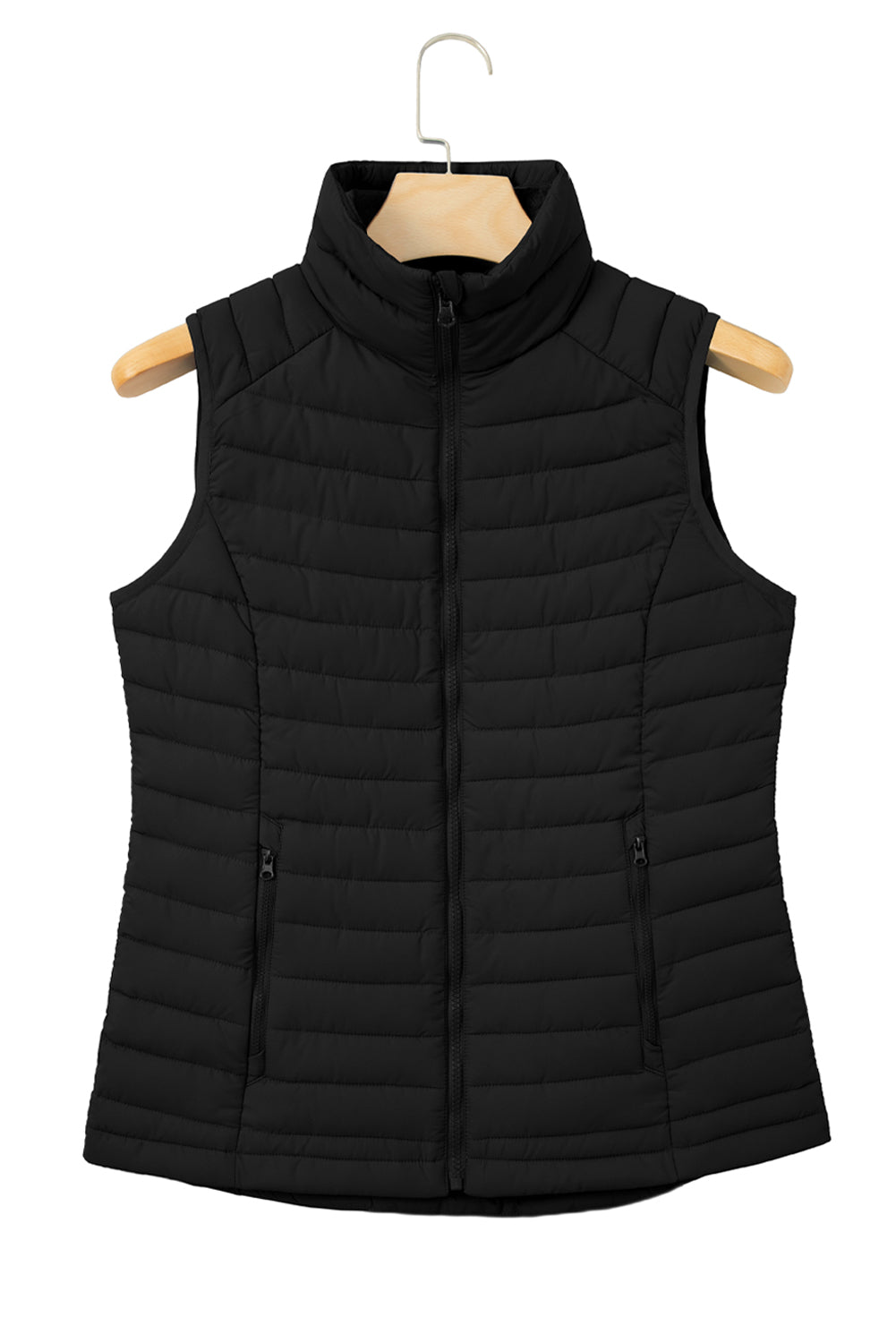 Silvery Plush Collared Quilted Zipped Puffer Vest