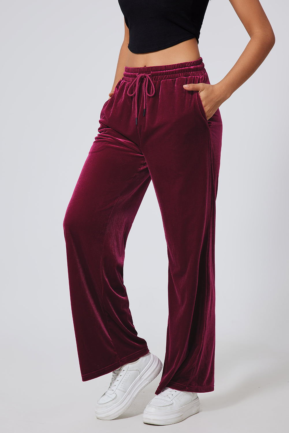 Evergreen Solid Drawstring Waist Wide Leg Pants