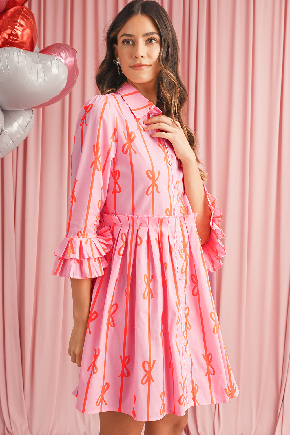 Pink Bowknot Striped Ruffle Mini Shirt Dress