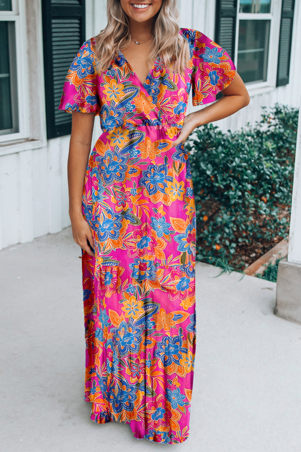 Abstract Print Wrap V Neck Flutter Sleeve Mid Length Dress