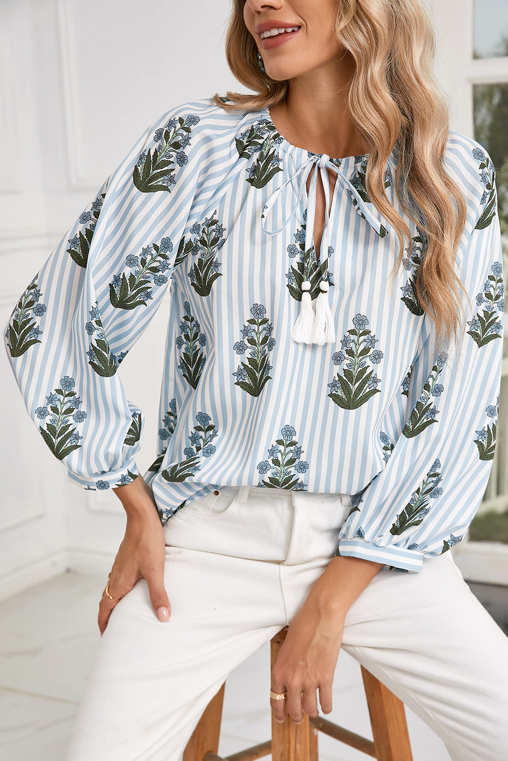 Beau Blue Floral Striped Tie V Neck Long Sleeve Blouse